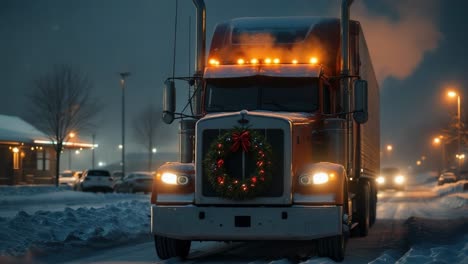 large truck adorned with festive wreath drives through snowy street at night with glowing lights