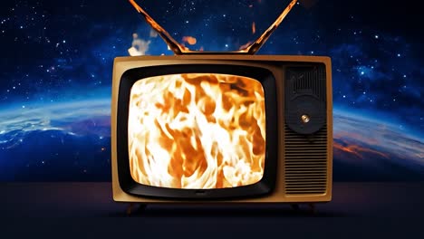 burning television in space