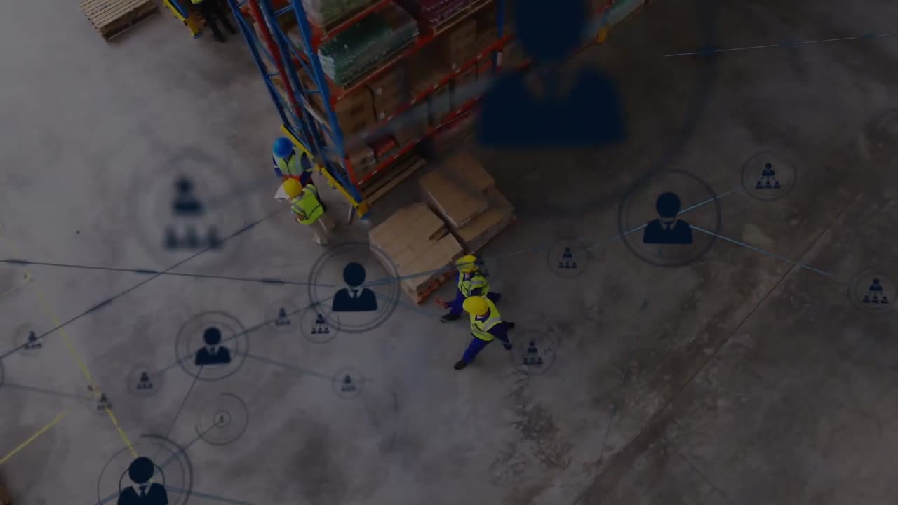 animación de la red de conexiones con iconos sobre los hombres que trabajan en el almacén