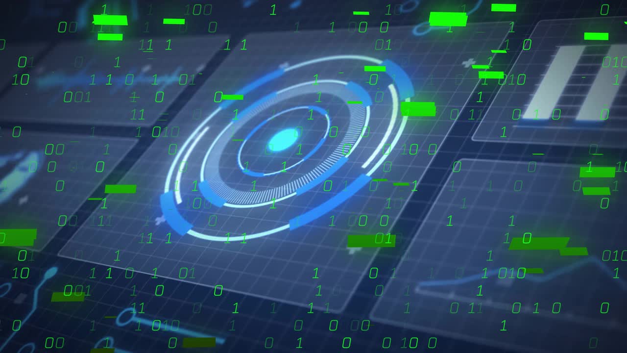 Digital binary code and futuristic target interface animation over grid background