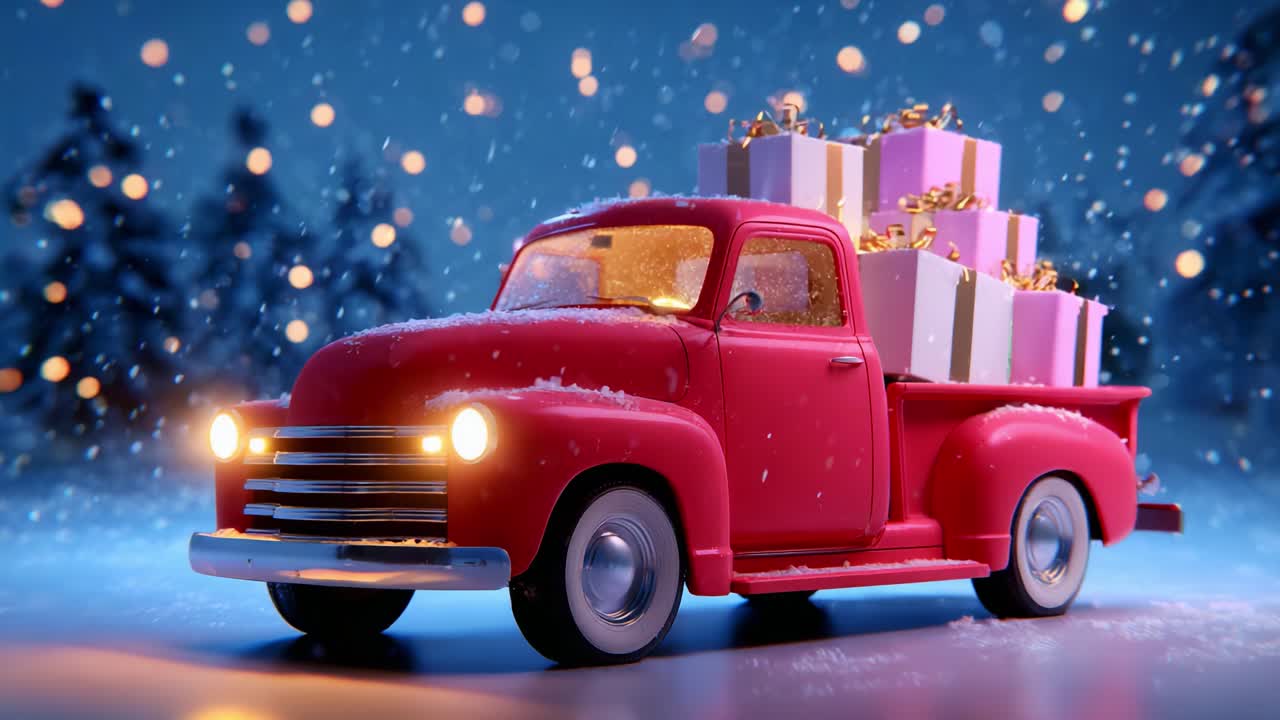 A vintage red pickup truck adorned with colorful presents travels through a snowy landscape, evoking the warmth and joy of the holiday season, surrounded by twinkling lights and a festive atmosphere
