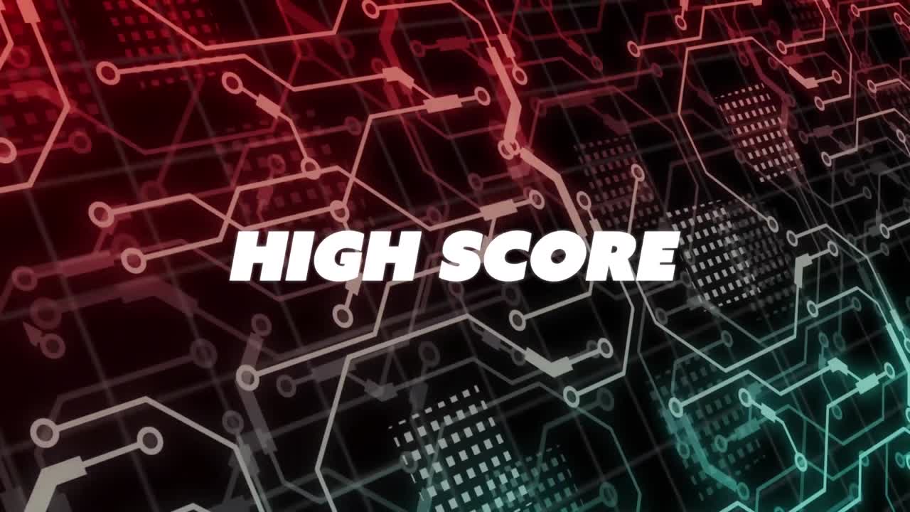 Animation of wowhigh score text over computer circuit board on black background