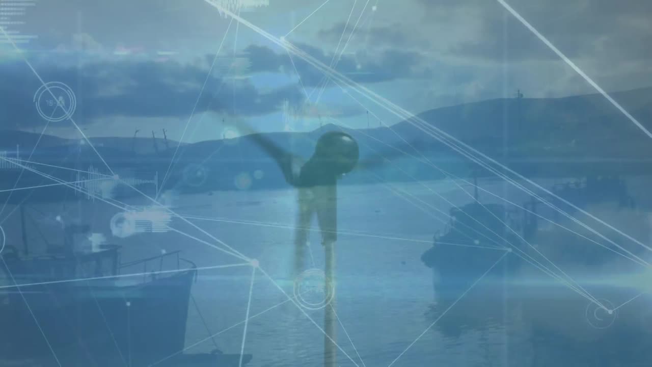 animación de la red de conexiones con procesamiento de datos sobre la turbina eólica y el paisaje