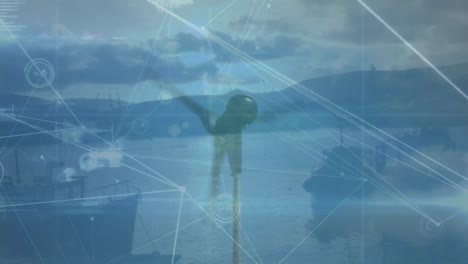 animación de la red de conexiones con procesamiento de datos sobre la turbina eólica y el paisaje