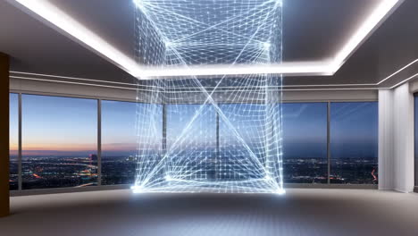 futuristic holographic wireframe cube in a modern high-rise room with panoramic city view