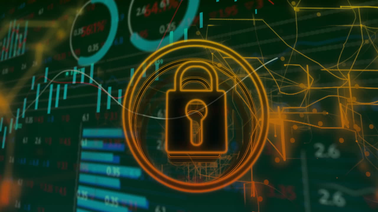 Animating lock symbol over financial charts and graphs for secure data visualization