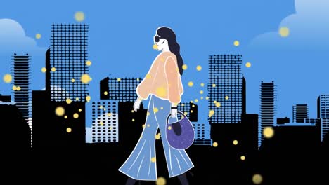 Animation-of-fashionable-caucasian-woman-walking-in-city