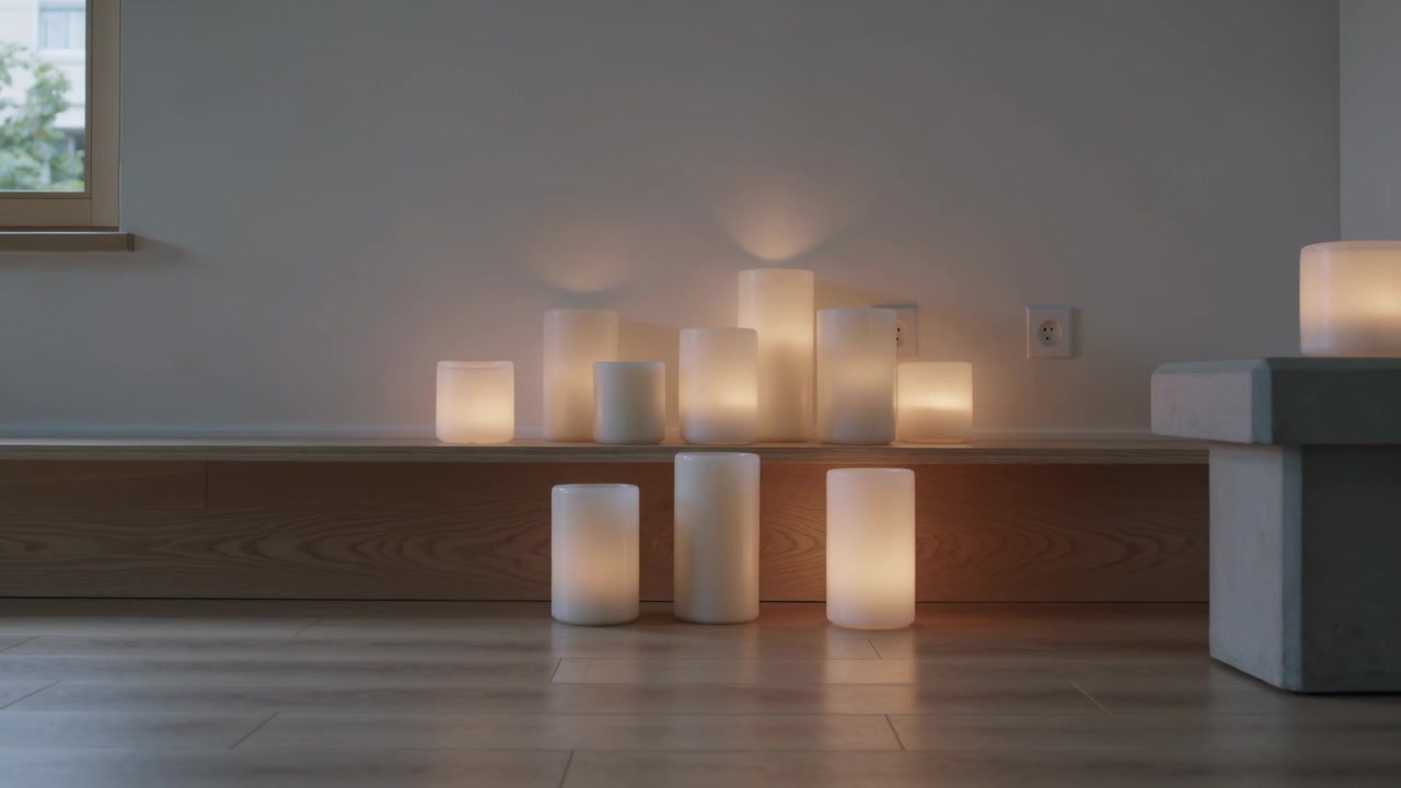Leuchtende mattierte Lampen reagieren auf das erste Leuchten, wechselndes Licht auf einer Bank in der Zimmerecke erzeugt einen Glanz.