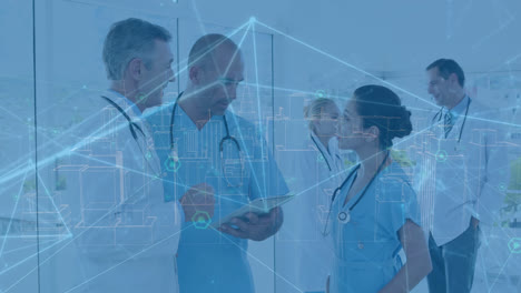 Animation-of-connected-dots,-3d-rotating-city-over-caucasian-doctors-discussing-over-digital-tablet