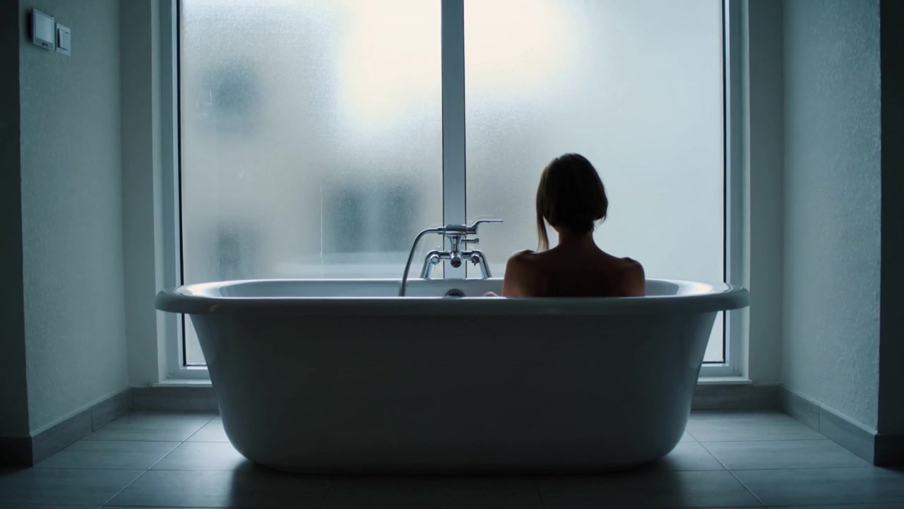 Donna con caschetto corto che inclina leggermente la testa in bagno, con le spalle scoperte appoggiate nella vasca da bagno.