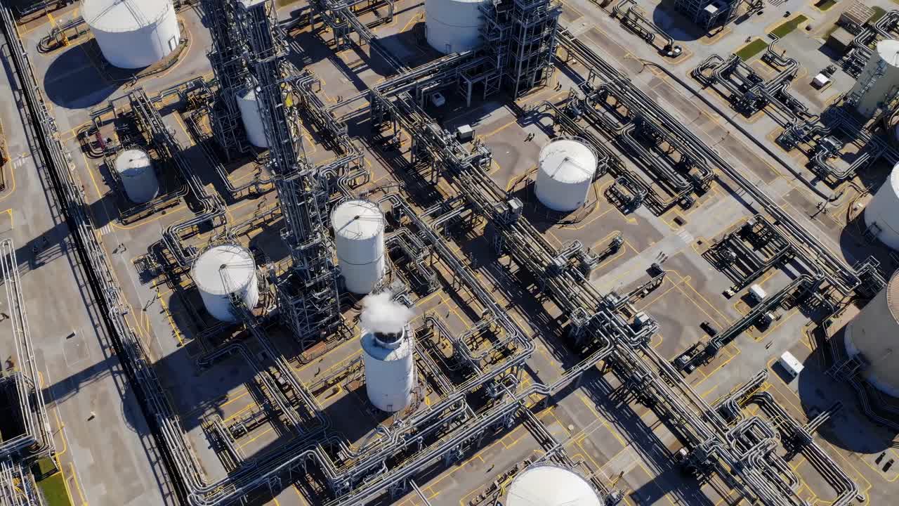 Aerial view of an industrial refinery complex. The video captures intricate piping and storage tanks