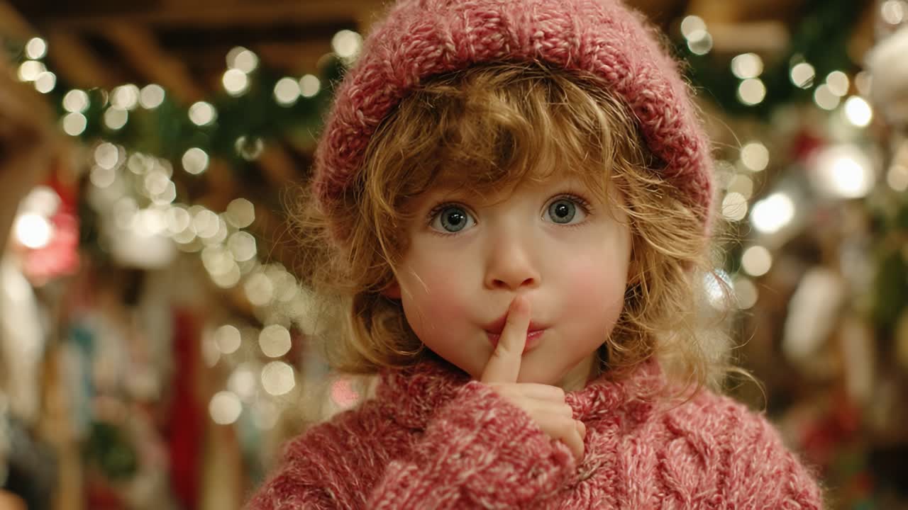 A Playful Child with an Enigmatic Smile and a Suggestive Gesture Silences the Joyous Atmosphere, Evoking a Sense of Curiosity and Wonder in a Festive Setting