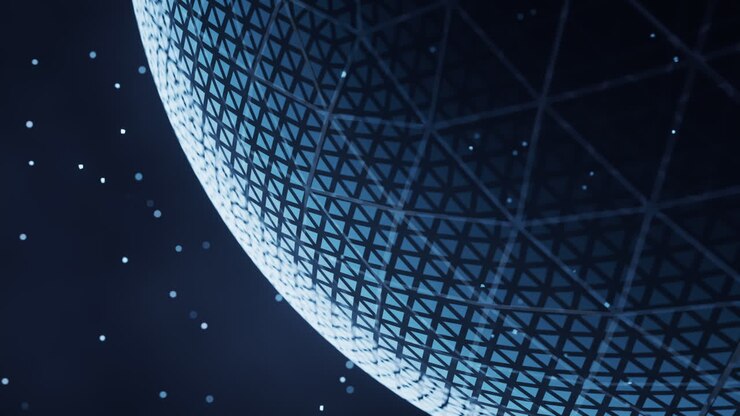 Sfera digitale con struttura a linee luminose, rendering 3D