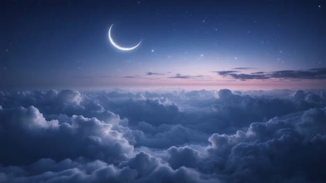 crescent moon and stars above a sea of clouds