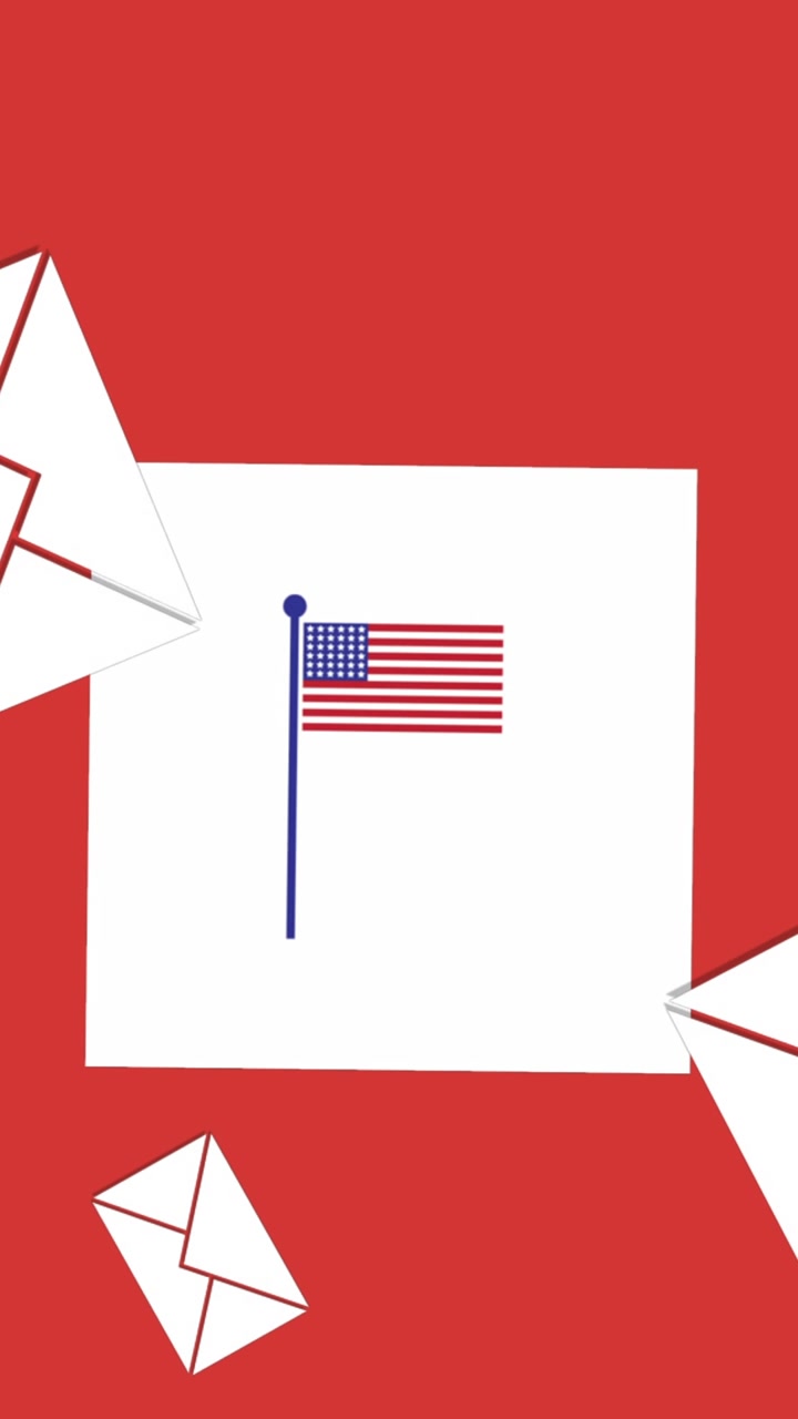 Animazione di buste che cadono e della bandiera nei colori rosso, bianco e blu degli Stati Uniti d'America