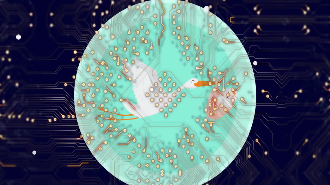 빛나는 마더보드가 아기를 들고 있는 호랑이 위에 있는 애니메이션