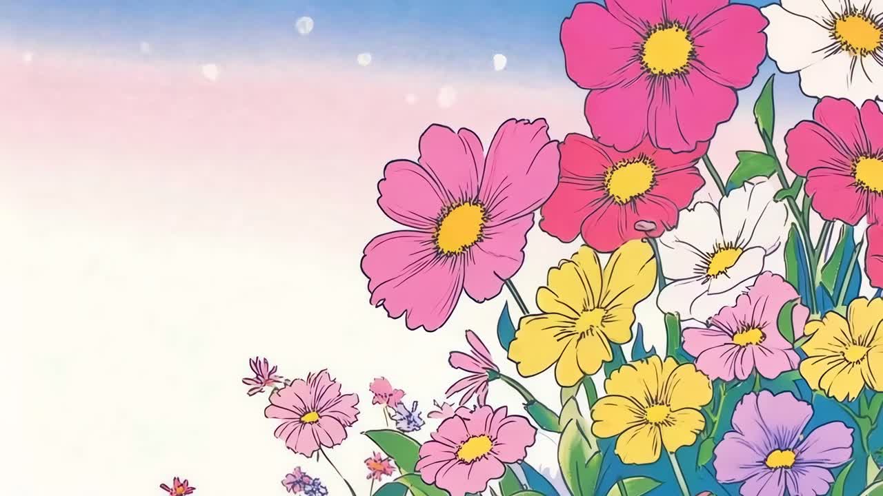 Colorful animated flowers in a close-up, side angle