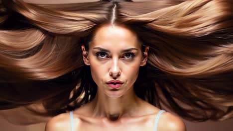 a woman with long brown hair blowing in the wind