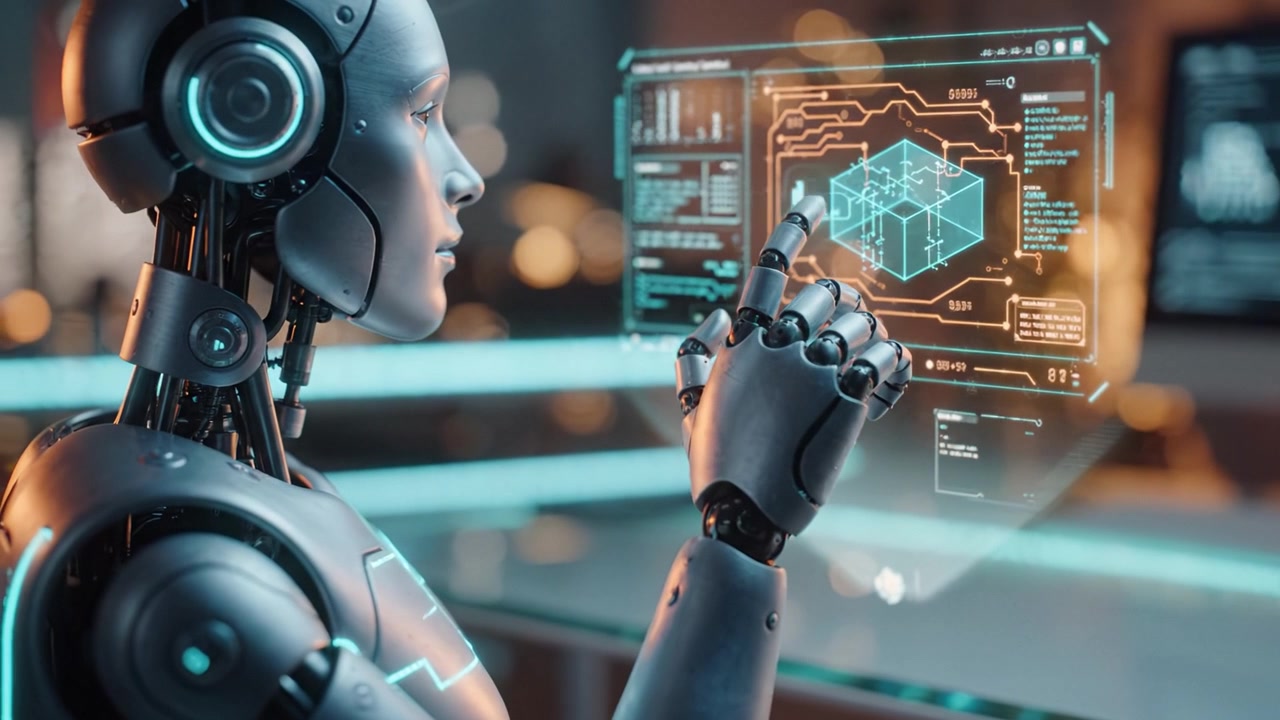 A Futuristic Robot with Glowing Accents Analyzing Data in a Modern Workspace Filled with Technology and Ambient Lighting for Enhanced Aesthetic Appeal