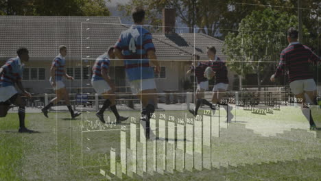 jugadores de rugby en el campo con animación de procesamiento de datos financieros sobre ellos