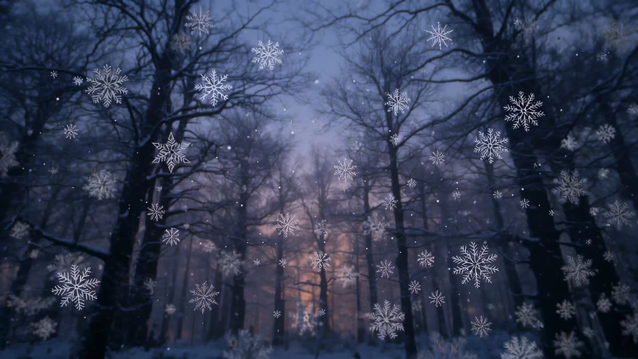 Starting sequence, flakes drifting past tall bare trees in snowy forest at dawn, creating warm glow