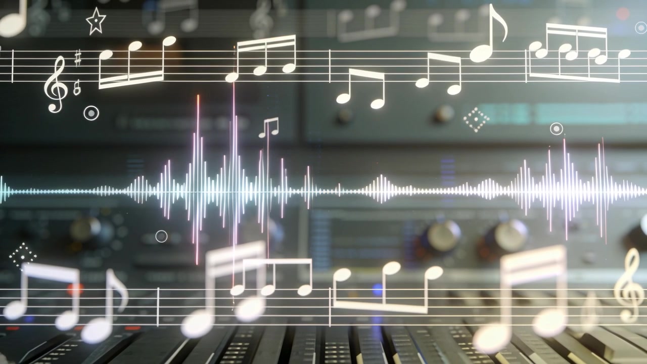 音声に反応し、フェーダーとLEDを備えたプロミキサー上で、モニタリング用に波形と楽譜が点滅している。