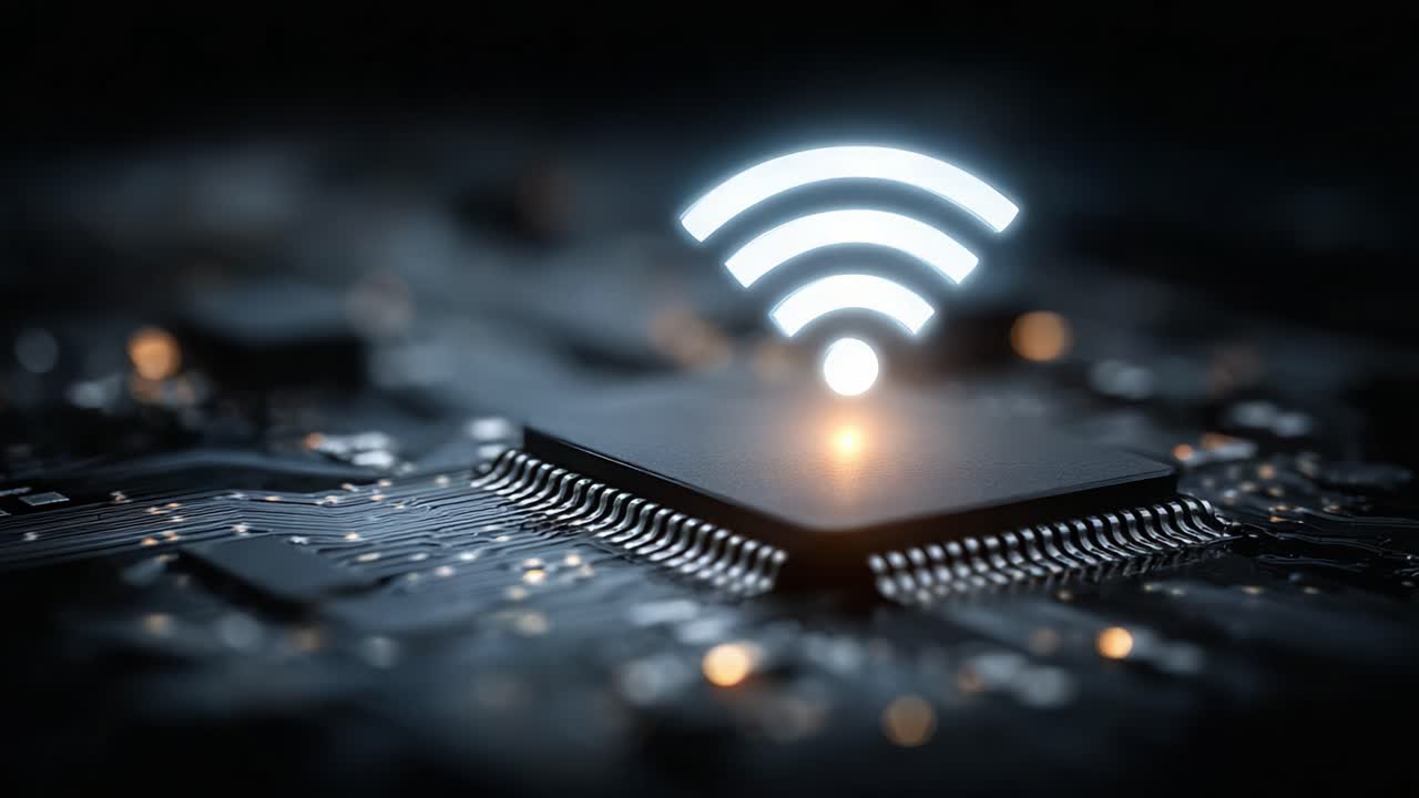 Illuminated WiFi Signal Over a Circuit Board: Showcasing Connectivity and Technology in a Modern Digital Environment