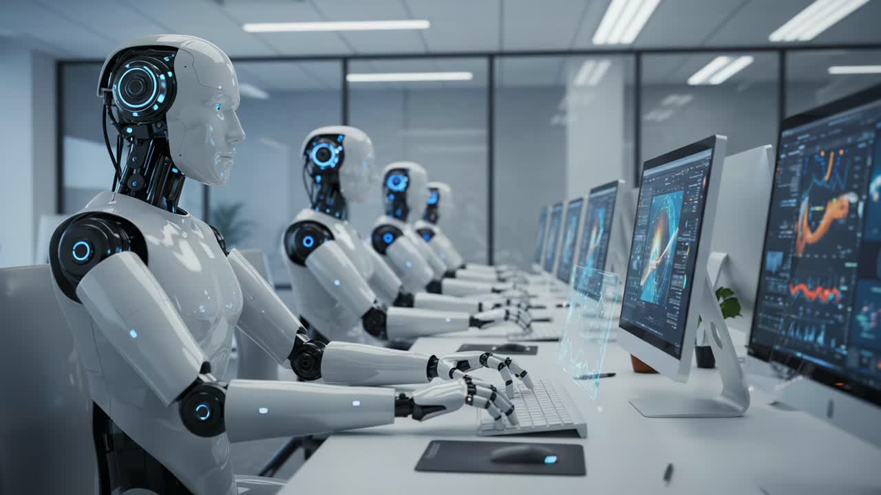 Futuristic scene depicting a row of humanoid robots efficiently engaged in data analysis at advanced workstations, showcasing technology's role in modern workplaces