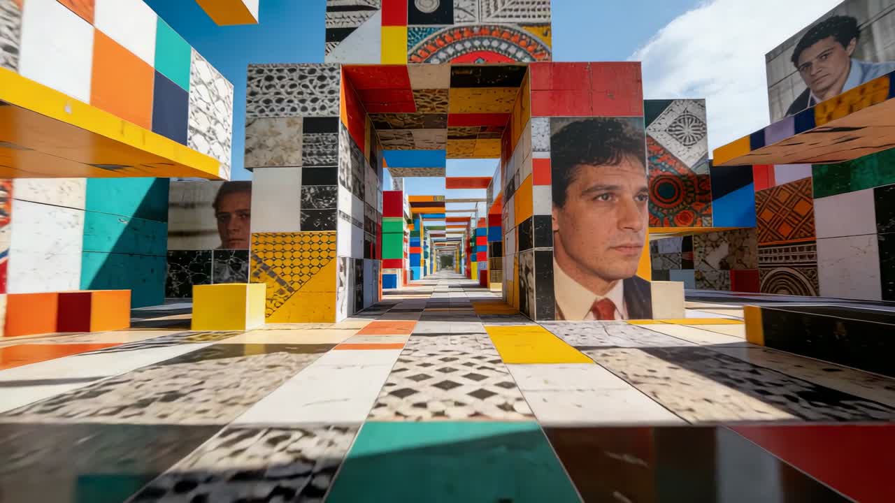 Dolly de câmera iniciando movimento através de corredor de molduras modulares ao ar livre, mostrando retrato de pessoa de terno