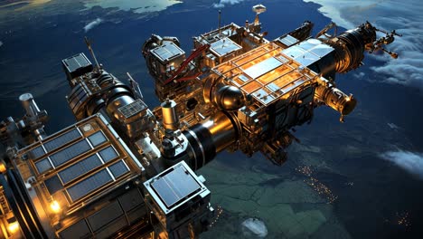 exploration of the international space station over earth at night