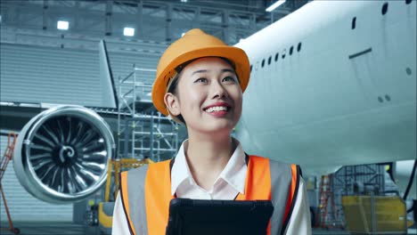 close up de ingeniera asiática con casco de seguridad mirando la tableta en su mano y mirando a su alrededor mientras está de pie con aviones en el hangar