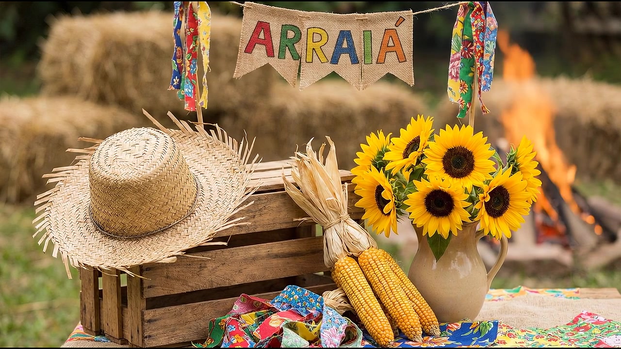 Caja de madera decorada con sombrero de paja, maíz, girasoles y banderas de festival tradicionales en una celebración al aire libre