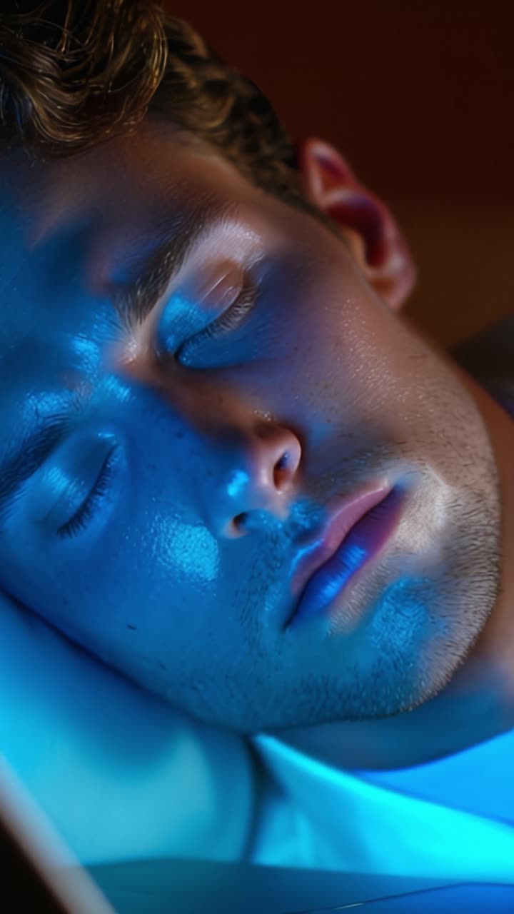 Inquadrature ravvicinate di un individuo calmo con illuminazione blu, che catturano i dettagli sottili di un'espressione serena e texture morbide in un momento di riposo.