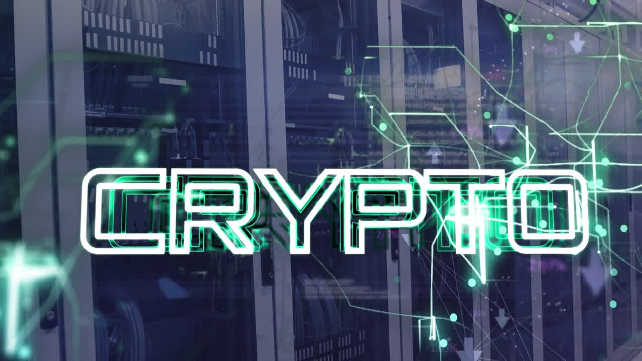 Animation of crypto text with connected arrows and computer language over data server racks