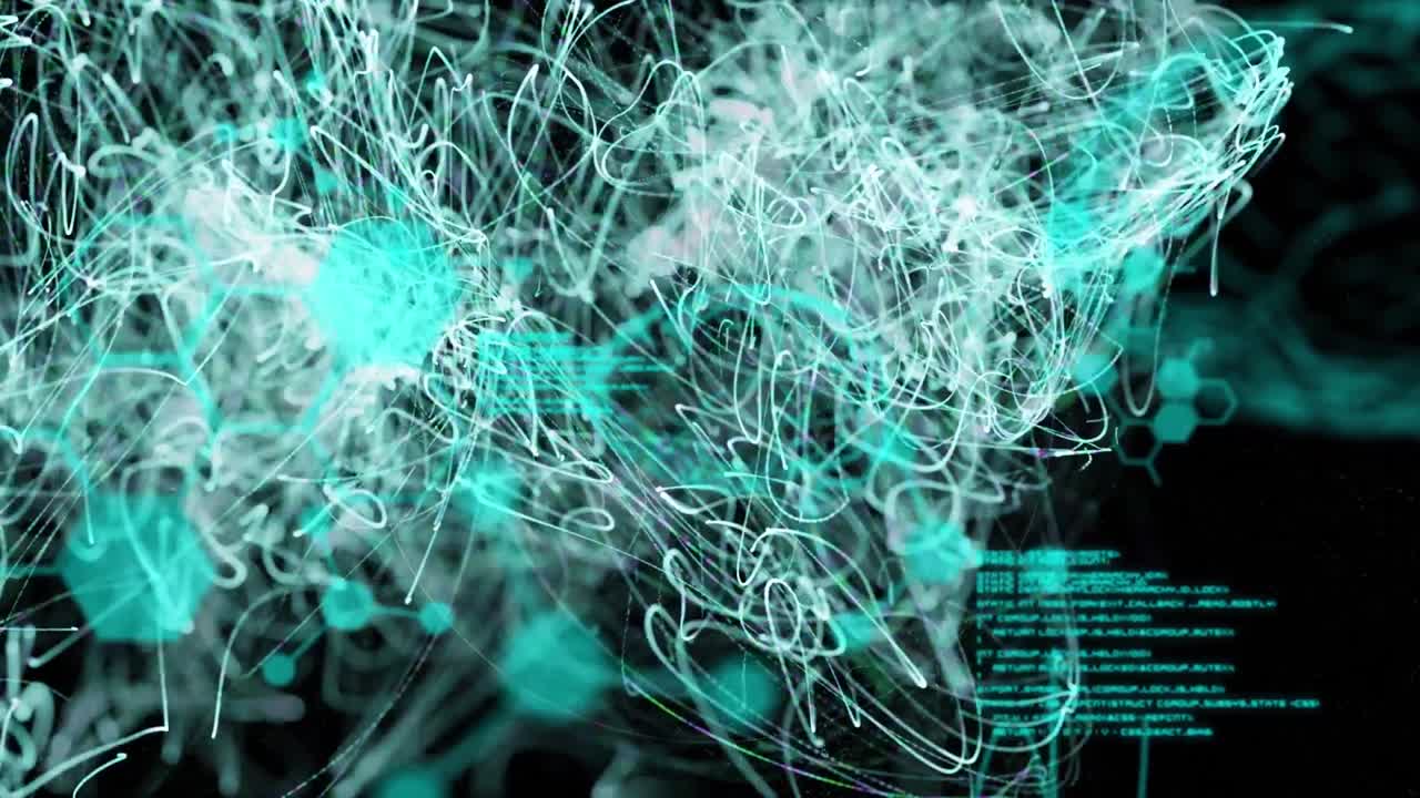 Animation of science data processing and circle shape over black background