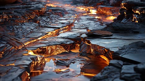 lava flowing between rocky formations at sunset in an exotic landscape