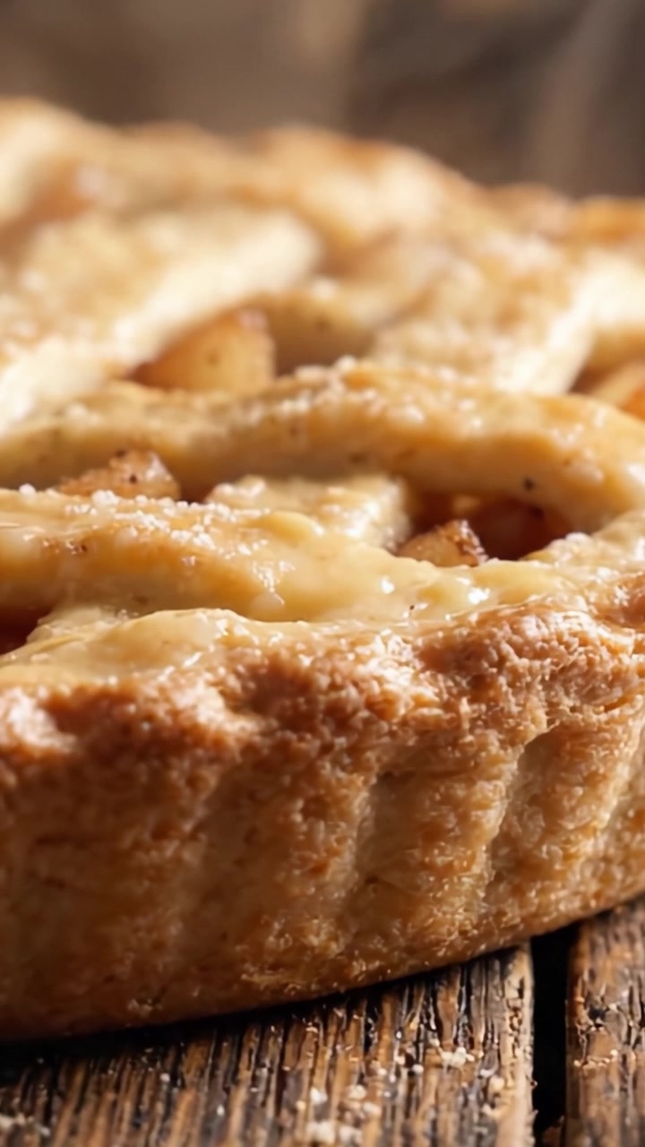 Un primo piano di una deliziosa torta di mele al forno dorata con una crosta a griglia su un tavolo di legno rustico.