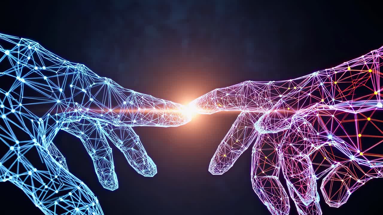 Futuristic digital art of two wireframe hands reaching out, one blue and one orange, in a close-up