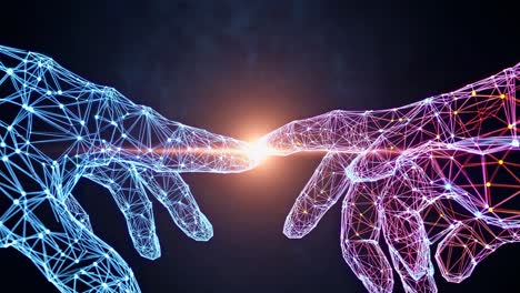 futuristic digital art of two wireframe hands reaching out, one blue and one orange, in a close-up