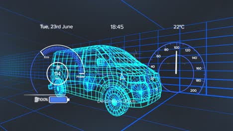 Animation-of-speedometer,-gps-and-charge-status-data-on-vehicle-interface,-over-3d-van-model