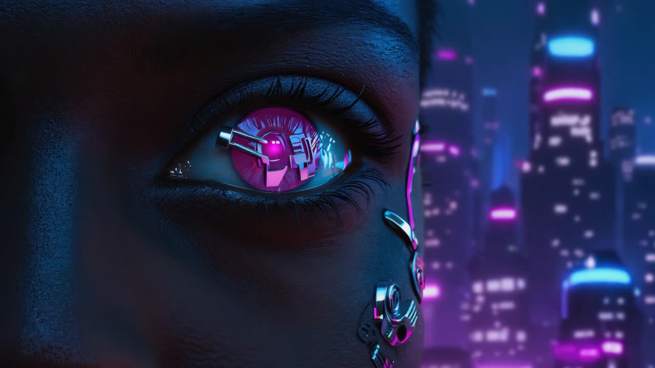 Close-up of a Cybernetic Eye in a Cyberpunk City