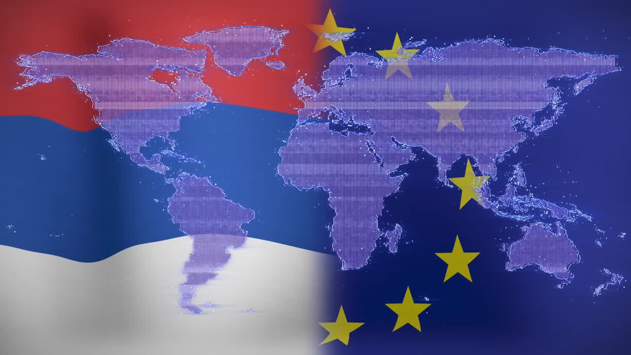 러시아 발과 유럽 연합 발 위로 이동하는 디지털 지도의 애니메이션