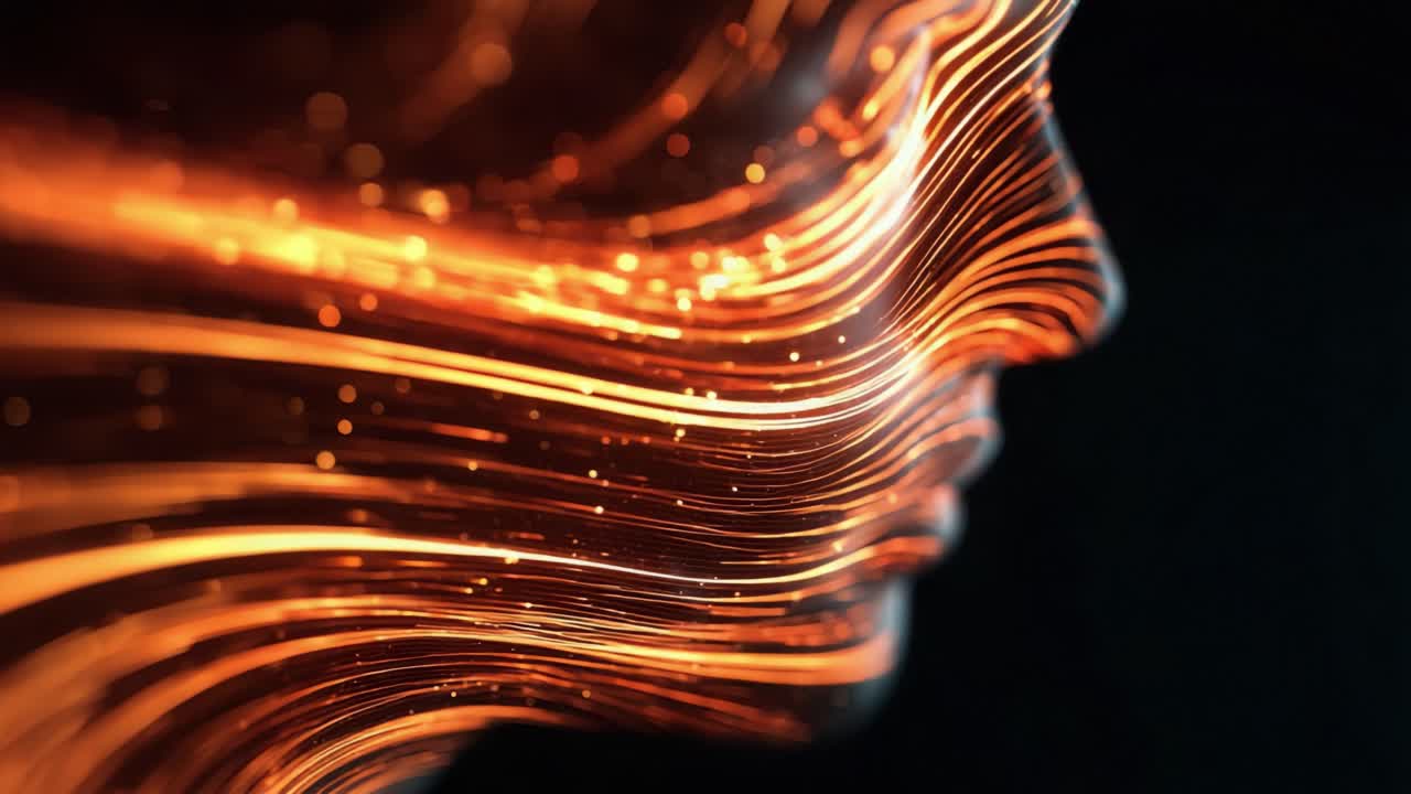 Una straordinaria rappresentazione di tratti del viso intrecciati con onde di luce dinamiche che creano un'esperienza visiva ipnotica, fondendo tecnologia ed espressione artistica in un'accattivante forma digitale