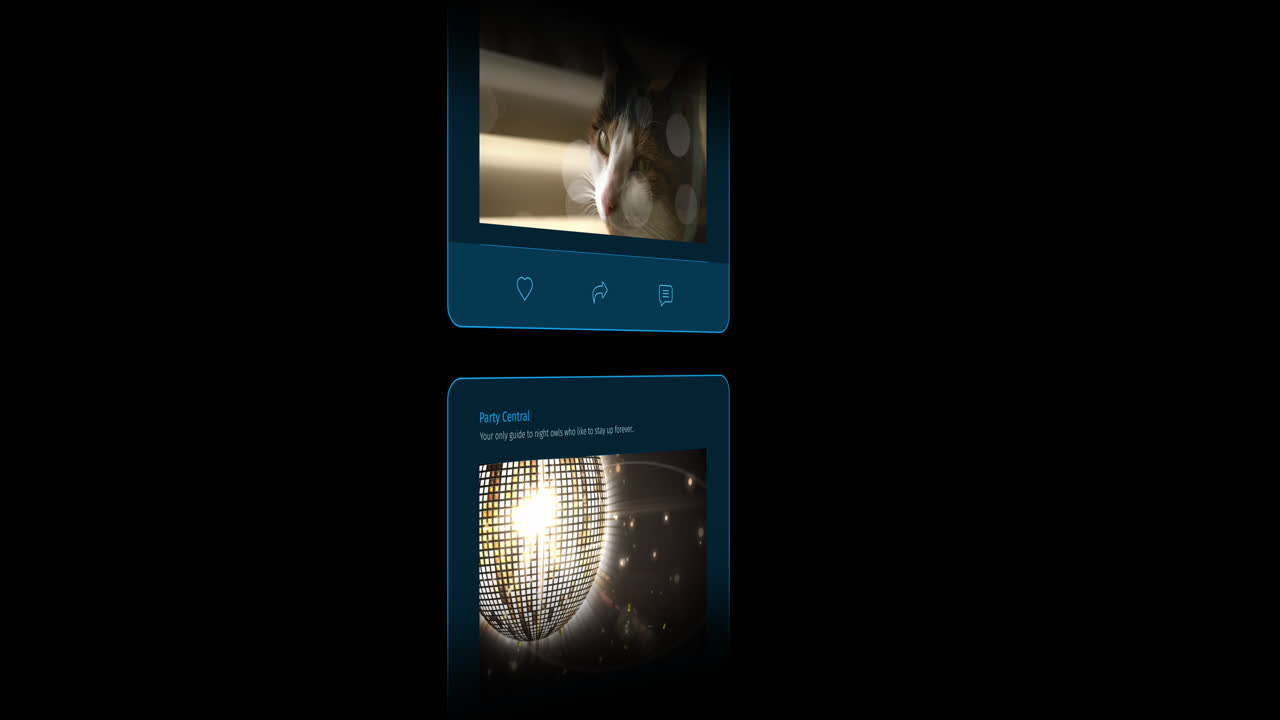 animación de la interfaz con las publicaciones de las redes sociales en fondo negro