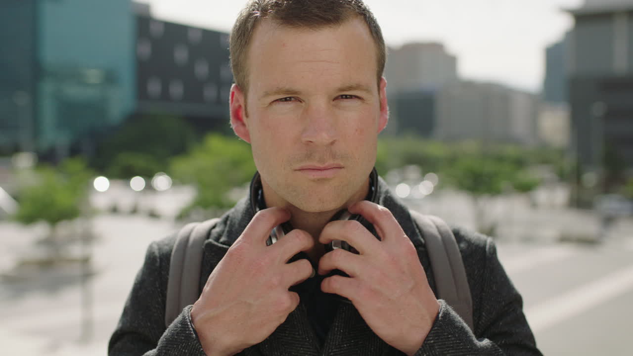 매력적인 젊은 백인 사업가의 초상화 카메라에 진지하게보고 음악을 듣고 이 많은 도시에서 헤드폰을 제거합니다.