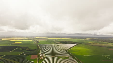 dolly out reveal drone shot of solar panels in a green field during the day, renewable energy