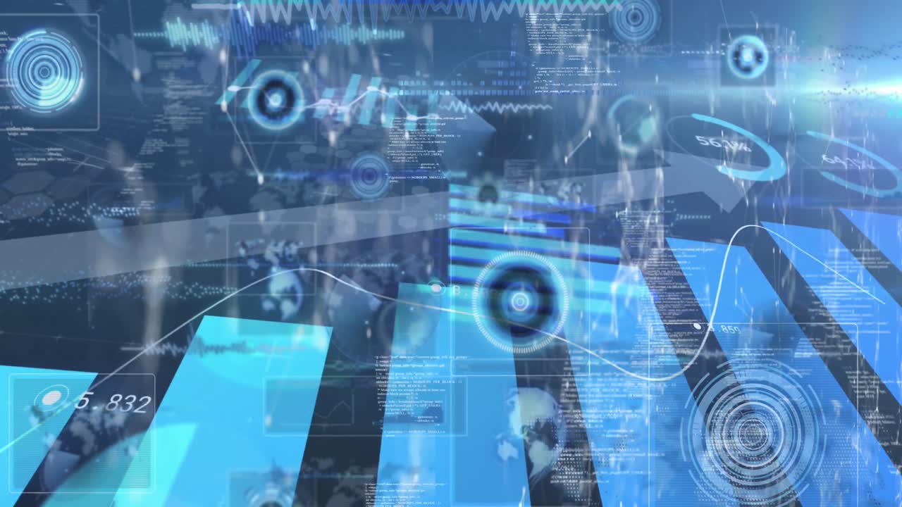 animación de flechas azules, gráfico con procesamiento de datos y escaneo de alcance sobre fondo azul