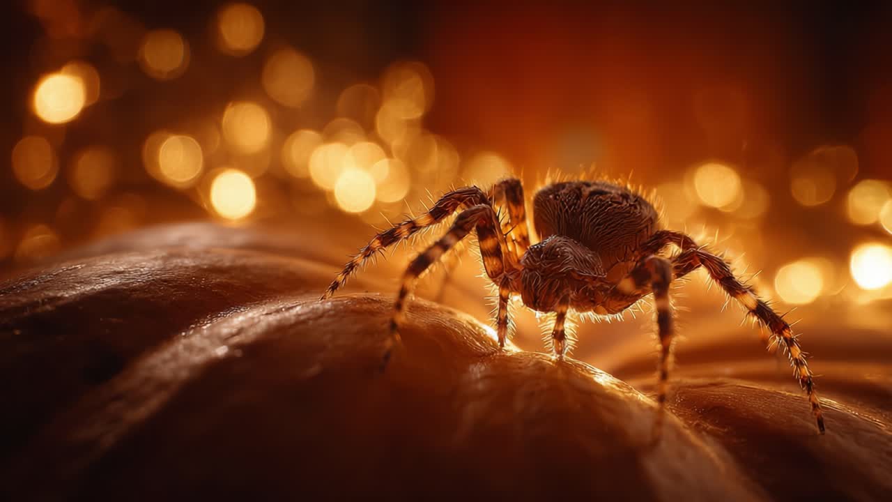 An Intricate Close-Up of a Spider Under Warm Ambient Light, Showcasing Its Detailed Features and Textured Surface in a Magical Golden Environment