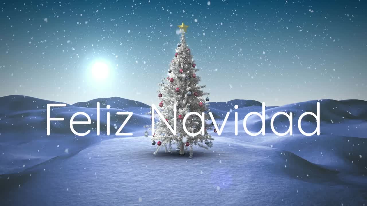animación de feliz navidad texto sobre árbol de navidad y nieve cayendo en el paisaje de invierno