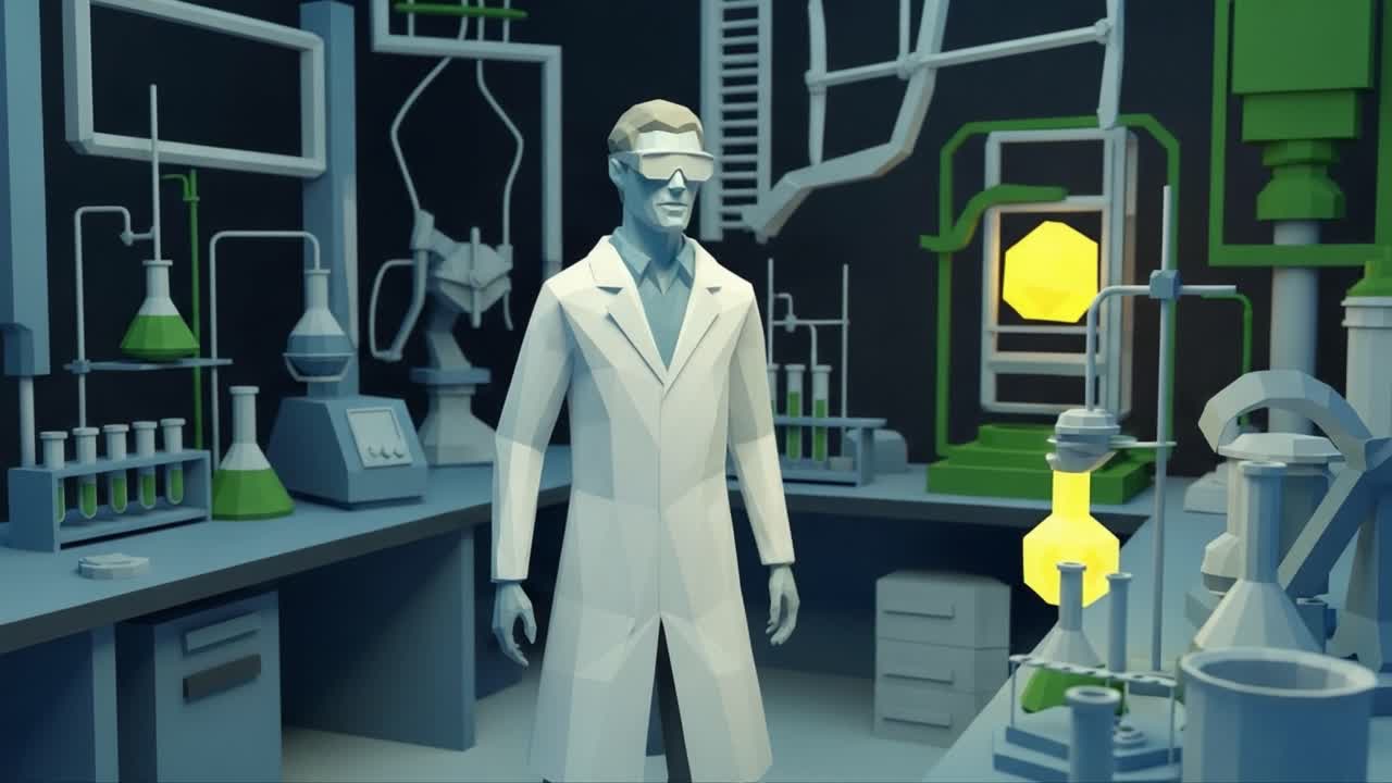 A Scientist in a Lab: A 3D Representation of Research and Discovery in a Chemical Laboratory with Lab Equipment and Various Laboratory Glassware